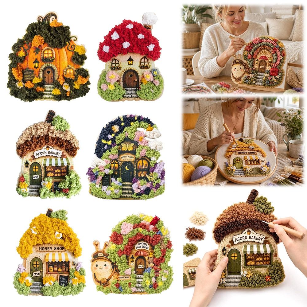 Art Craft Village - Fantasievolles 3D-Stoff-Poke-Art-Set mit Dorf-Motiv, 3D-Strukturiertes Garn-Dorf-Bastelset,