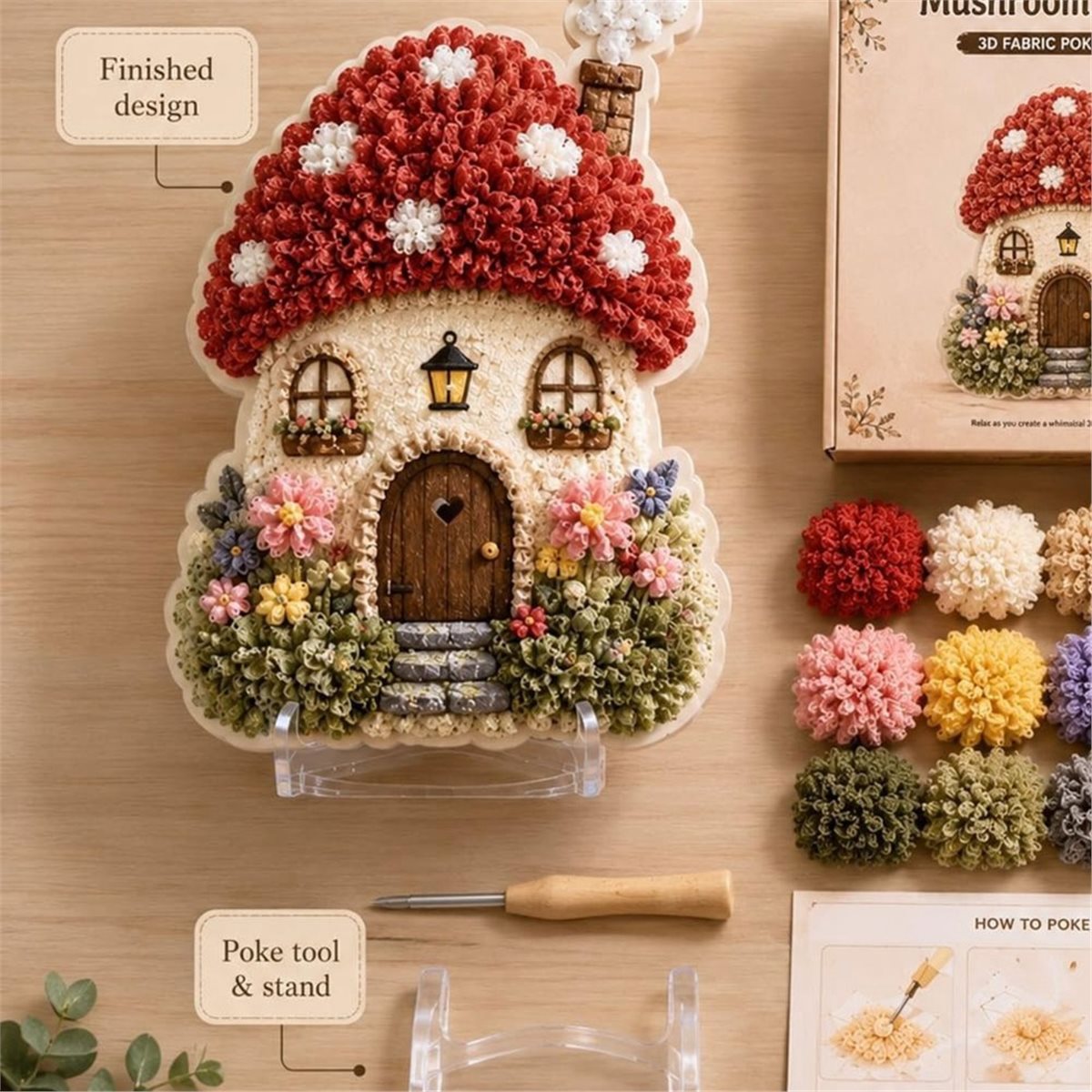 Art Craft Village - Fantasievolles 3D-Stoff-Poke-Art-Set „Ländliches Dorf“, Blumen-Pilz-Hütte DIY-Bastelset