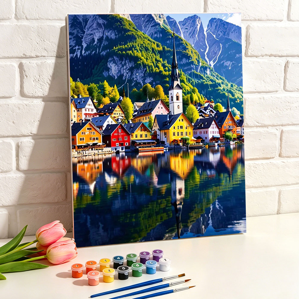 Art Craft Village - DIY Digitales Ölgemälde: Farbenfrohes Seeufer-Dorf Malen