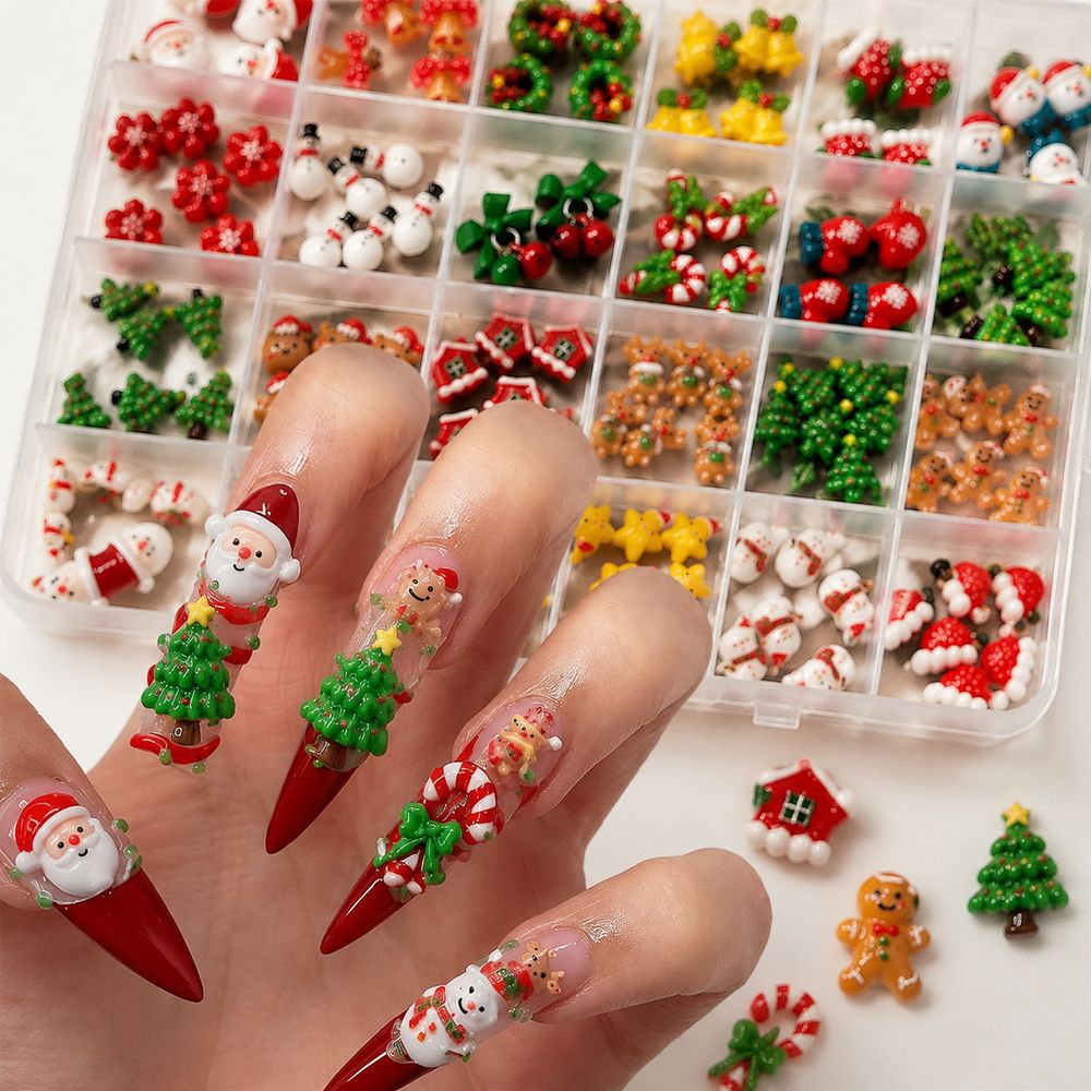 Art And Craft Xmas Tree - Weihnachtszeit-Harz-Nagelcharms, 24 Fächer, gemischte Motive: Weihnachtsmann,